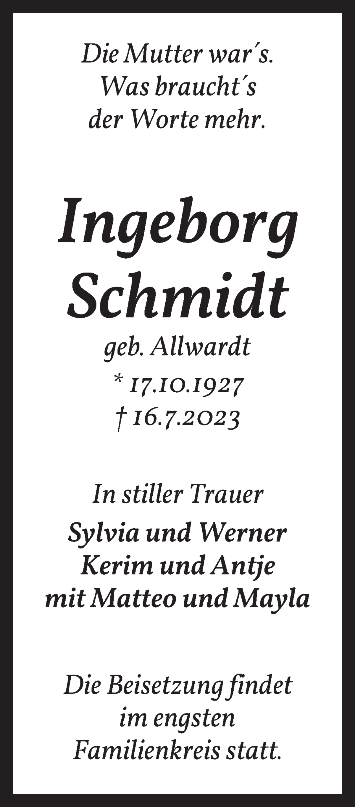 Traueranzeige von Ingeborg Schmidt von WESER-KURIER