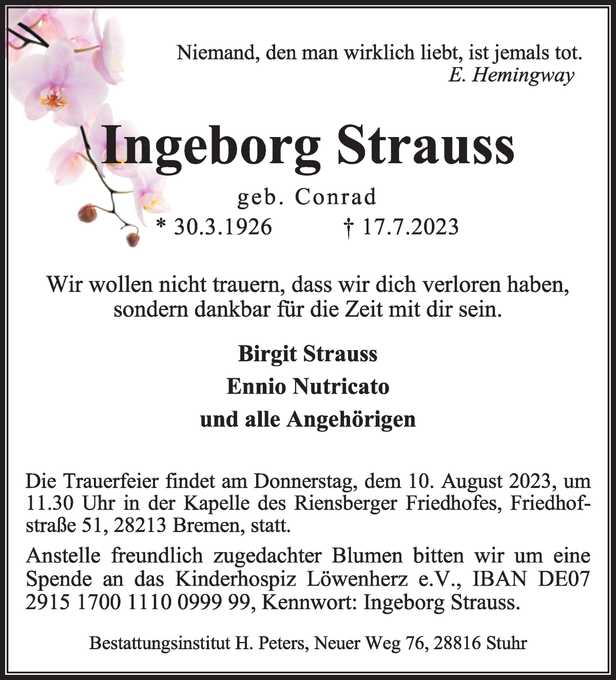 Traueranzeige von Ingeborg Strauss von WESER-KURIER