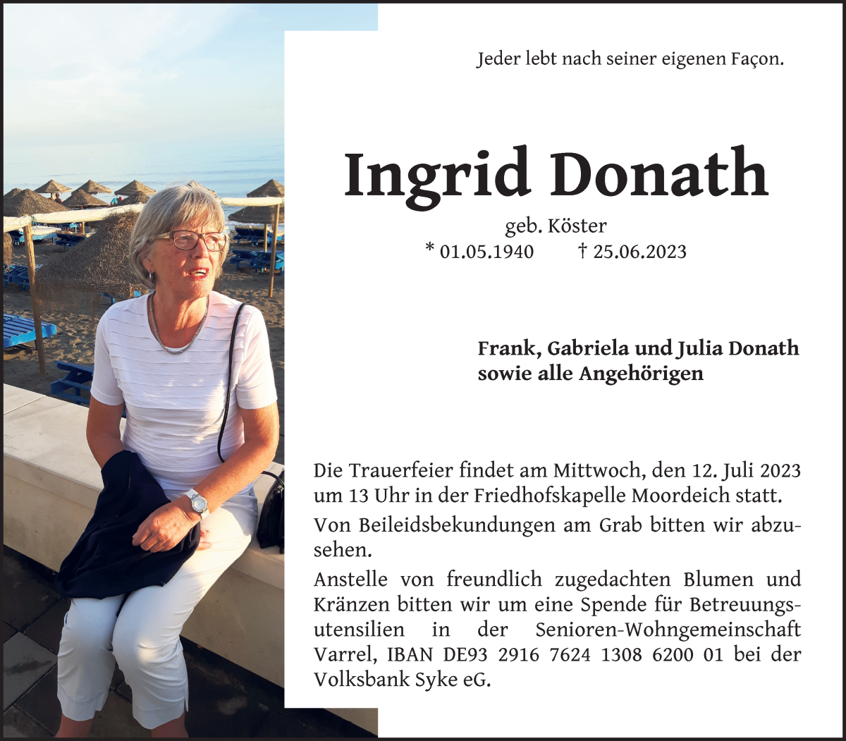 Traueranzeige von Ingrid Donath von Regionale Rundschau/Syker Kurier