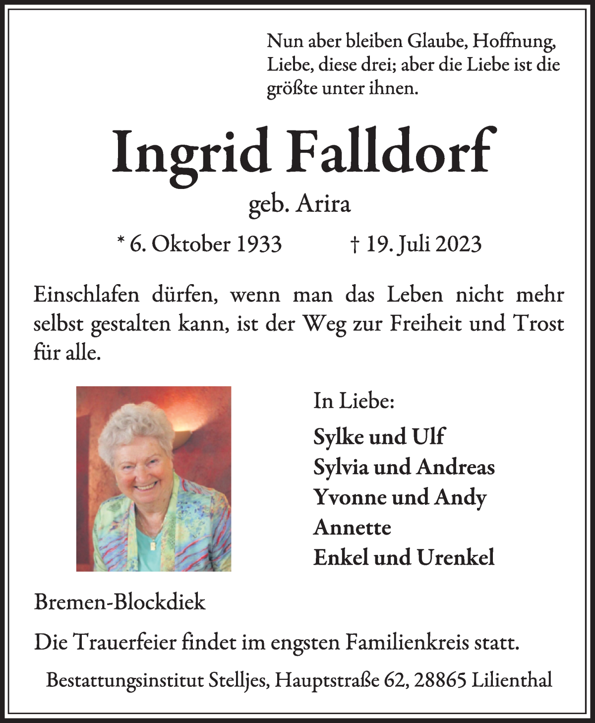Traueranzeige von Ingrid Falldorf von WESER-KURIER