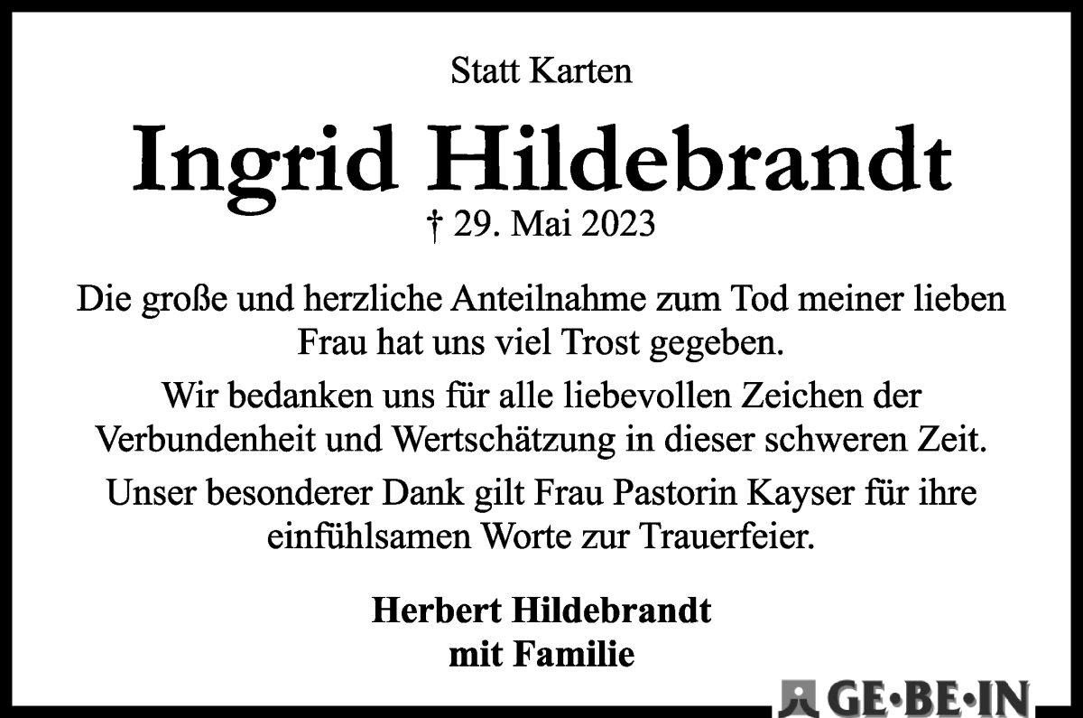 Traueranzeige von Ingrid Hildebrandt von WESER-KURIER