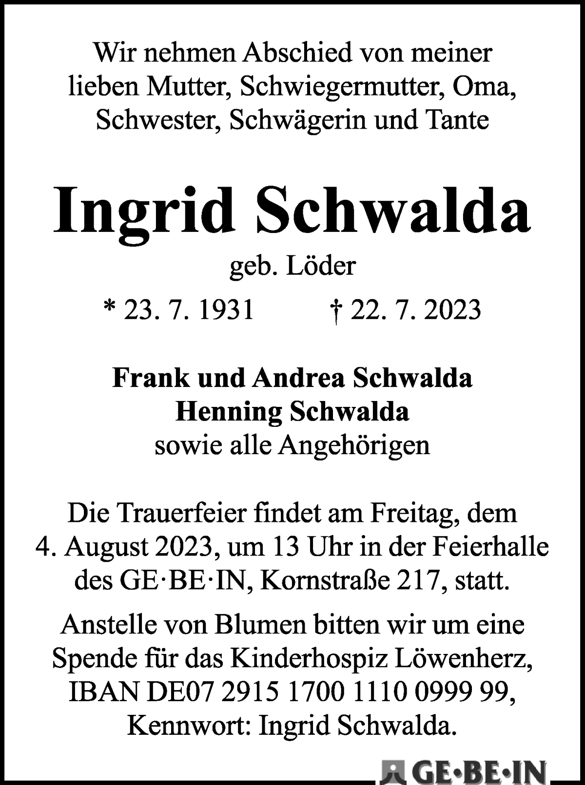 Traueranzeige von Ingrid Schwalda von WESER-KURIER