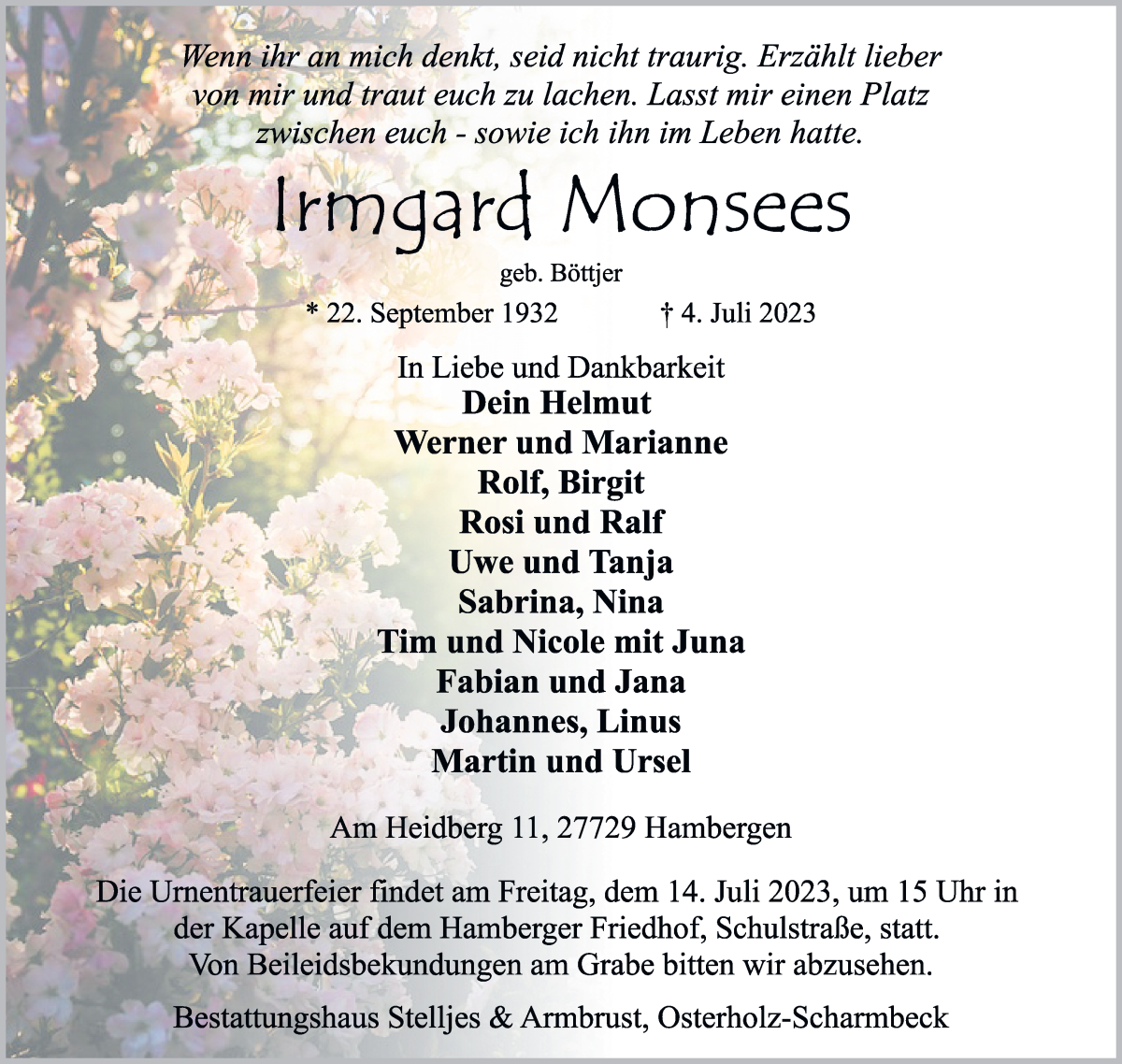 Traueranzeige von Irmgard Monsees von Osterholzer Kreisblatt