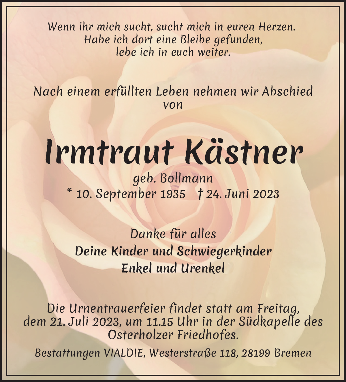 Traueranzeige von Irmtraut Käster von WESER-KURIER