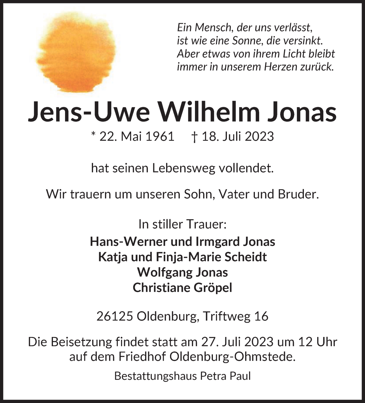 Traueranzeige von Jens-Uwe Wilhelm Jonas von WESER-KURIER