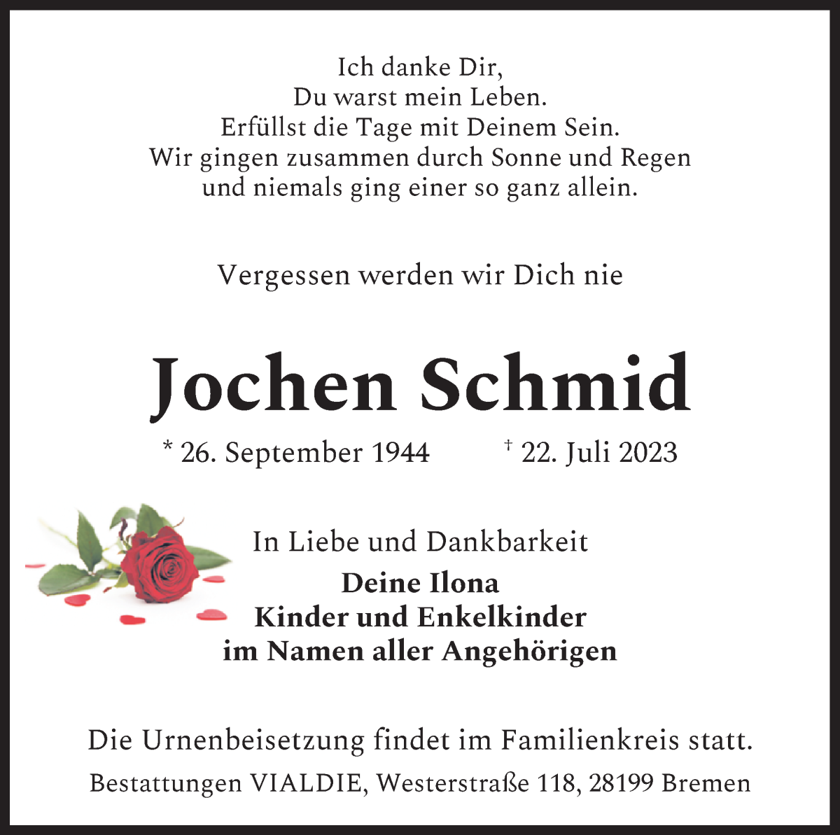Traueranzeige von Jochen Schmid von WESER-KURIER