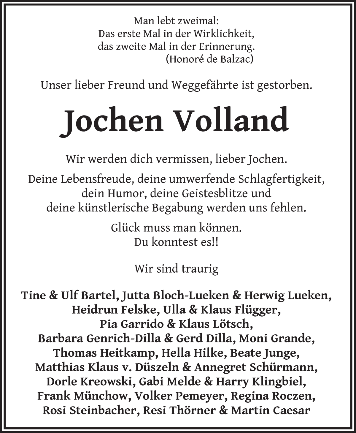 Traueranzeige von Jochen Volland von WESER-KURIER