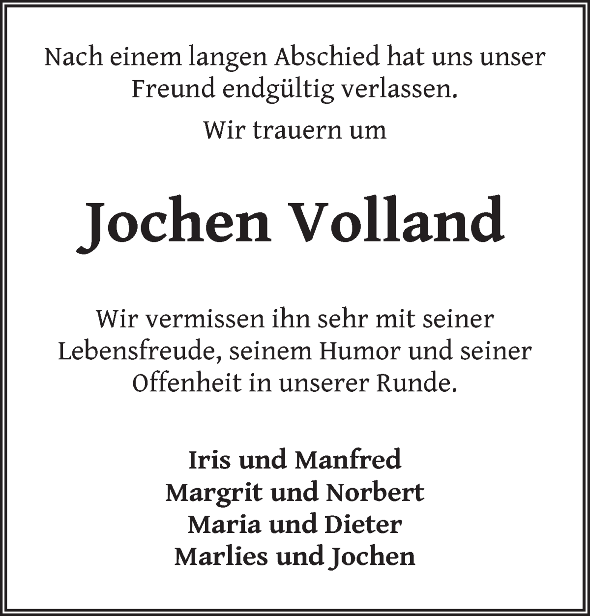 Traueranzeige von Jochen Volland von WESER-KURIER