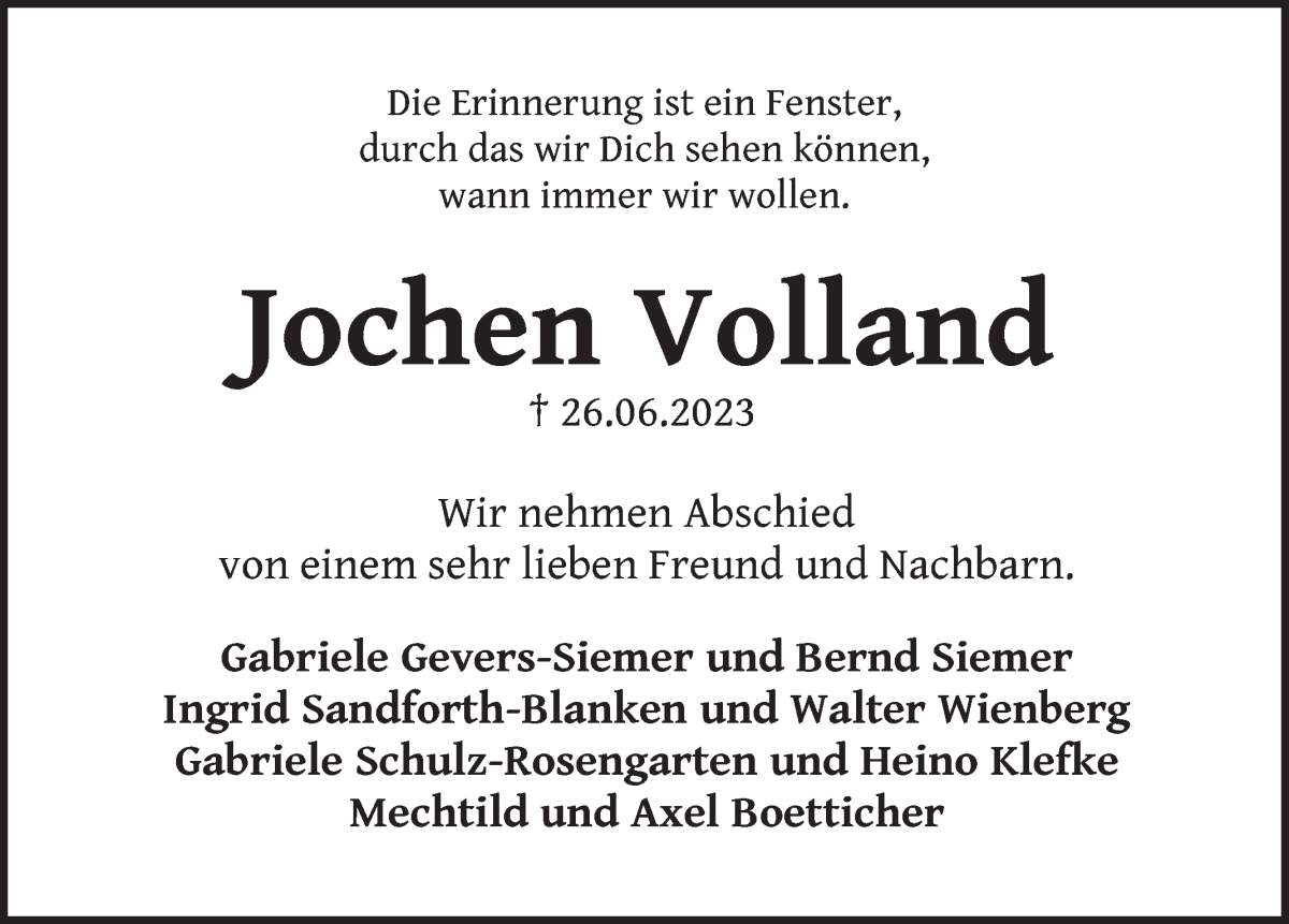 Traueranzeige von Jochen Volland von WESER-KURIER