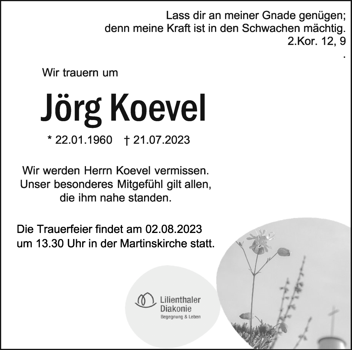 Traueranzeige von Jörg Koevel von Wuemme Zeitung