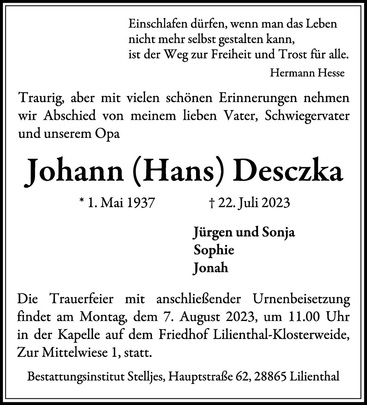 Traueranzeige von Johann Deszka von WESER-KURIER