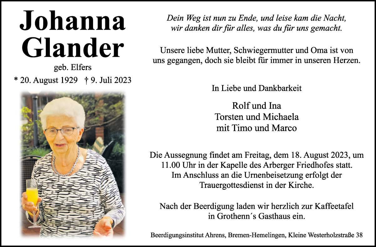 Traueranzeige von Johanna Glander von WESER-KURIER