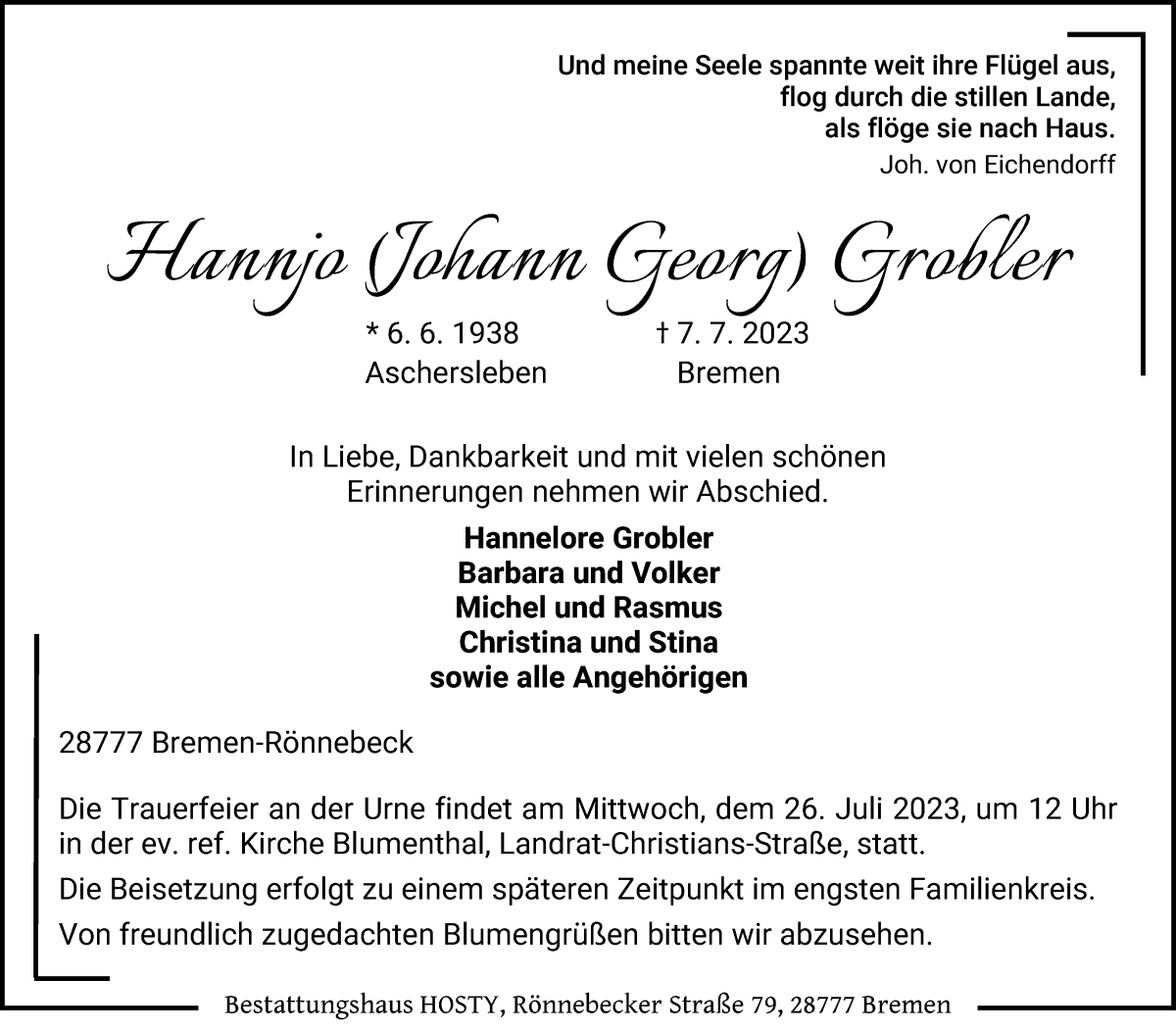 Traueranzeige von Johann Georg Grobler von Die Norddeutsche