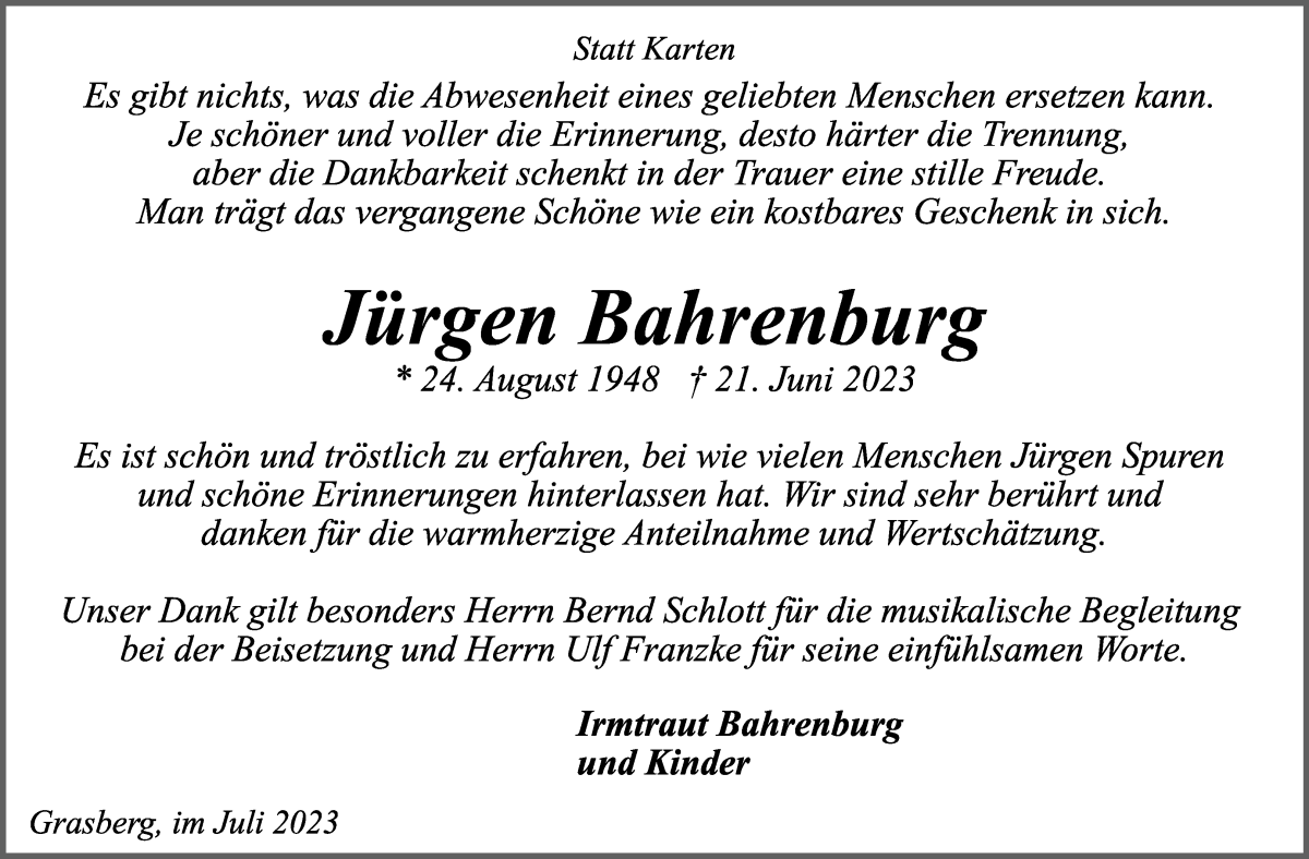 Traueranzeige von Jürgen Bahrenburg von Wuemme Zeitung
