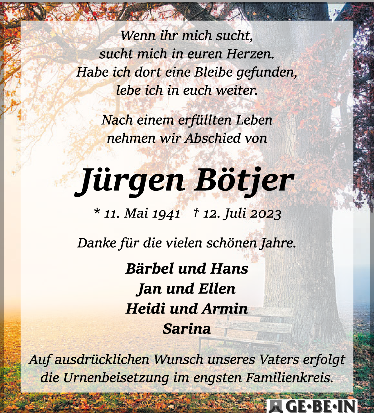 Traueranzeige von Jürgen Bötjer von Osterholzer Kreisblatt