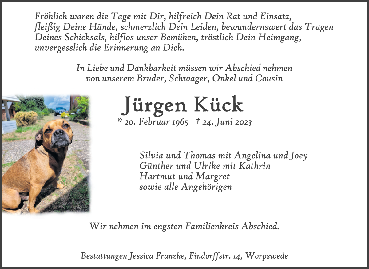 Traueranzeige von Jürgen Kück von Wuemme Zeitung