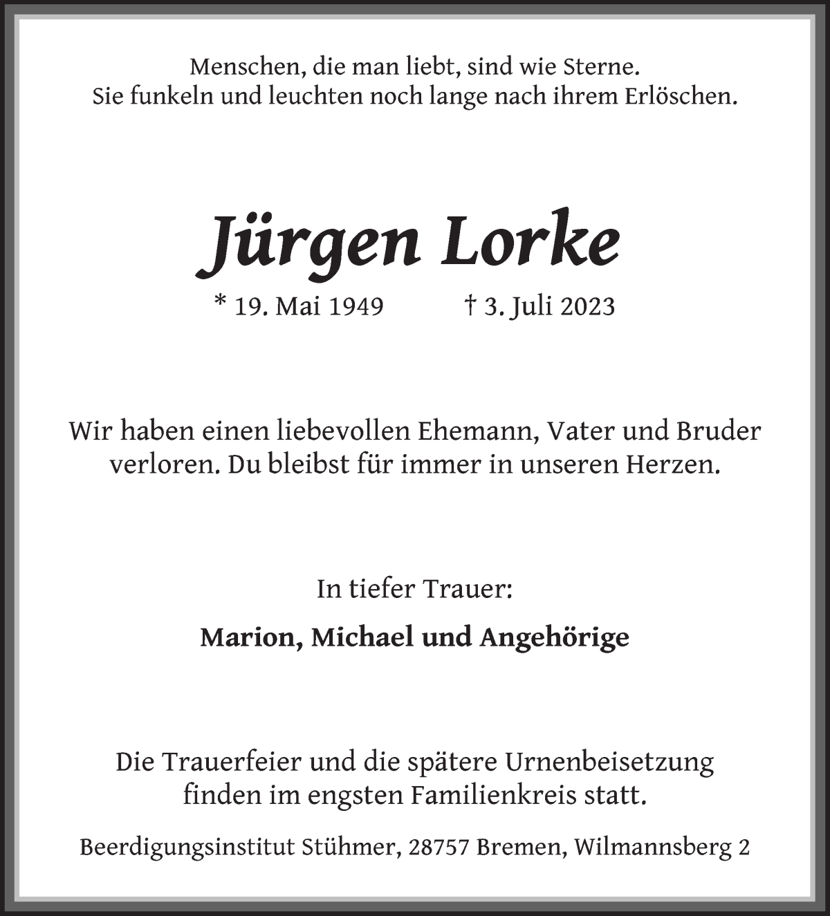 Traueranzeige von Jürgen Lorke von Die Norddeutsche