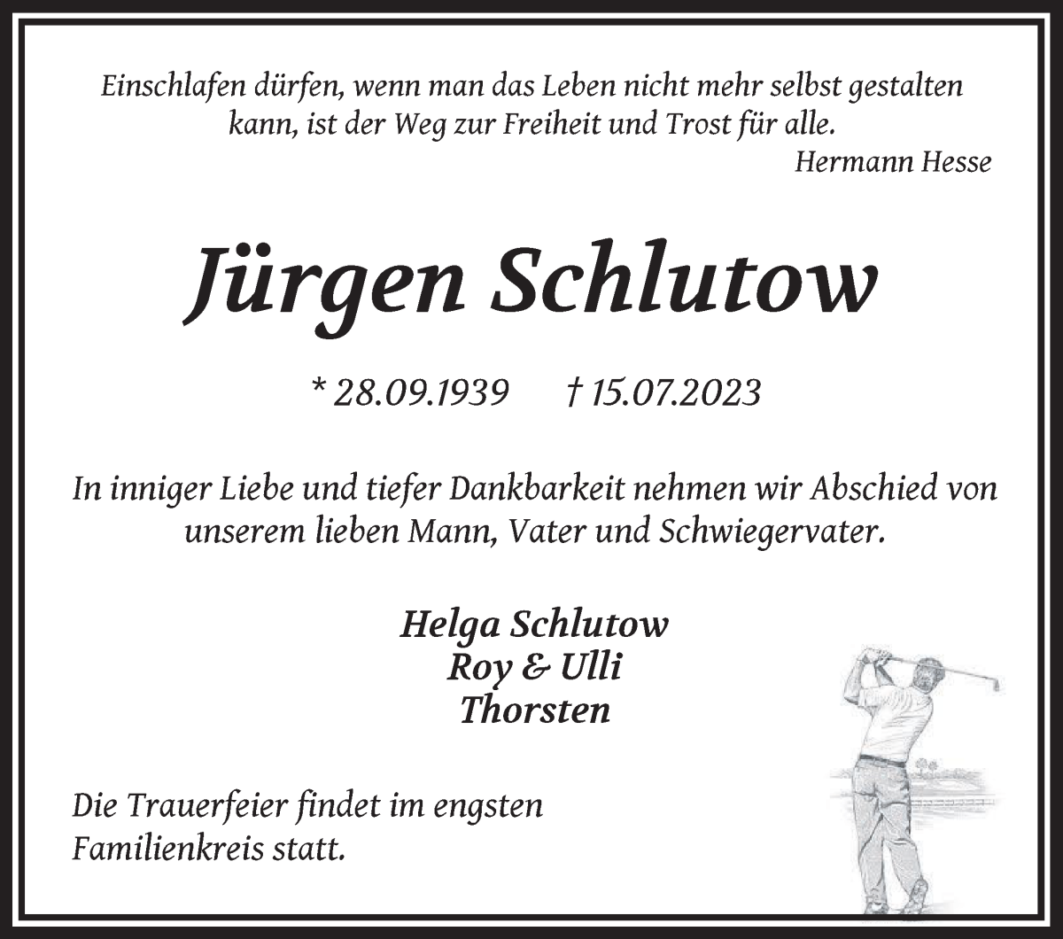 Traueranzeige von Jürgen Schlutow von WESER-KURIER