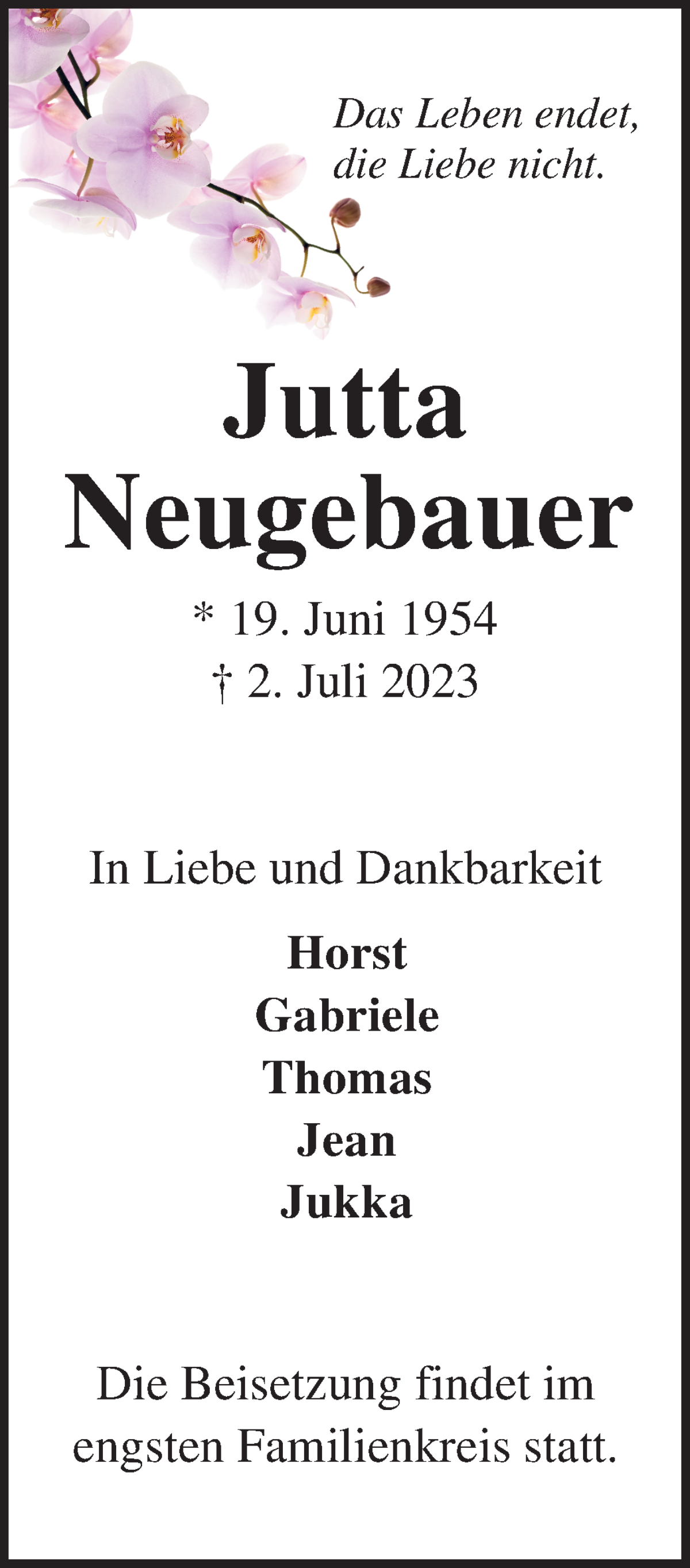 Traueranzeige von Jutta Neugebauer von WESER-KURIER