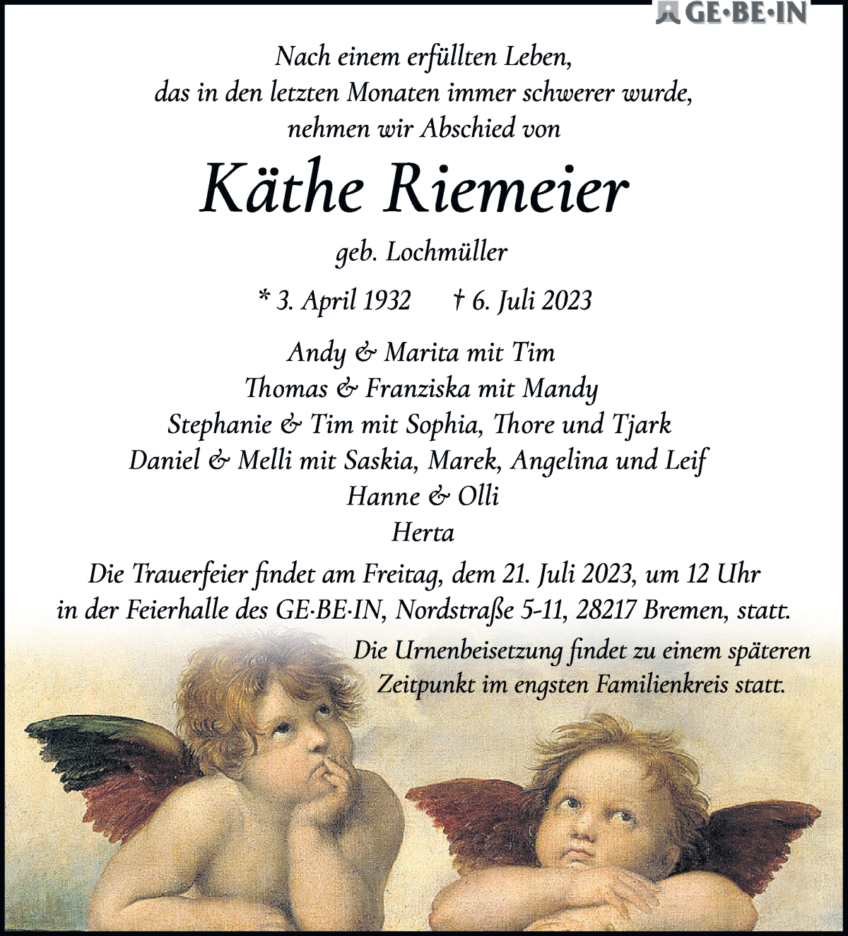 Traueranzeige von Käthe Riemeier von WESER-KURIER