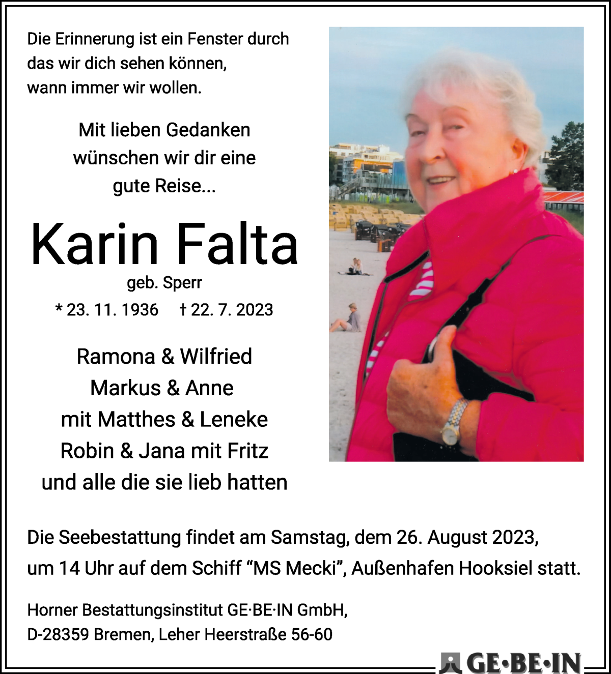 Traueranzeige von Karin Falta von WESER-KURIER