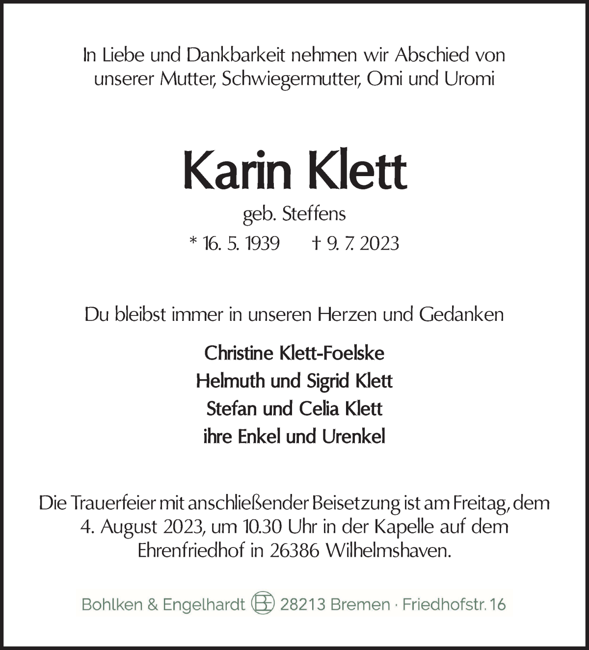 Traueranzeige von Karin Klett von WESER-KURIER