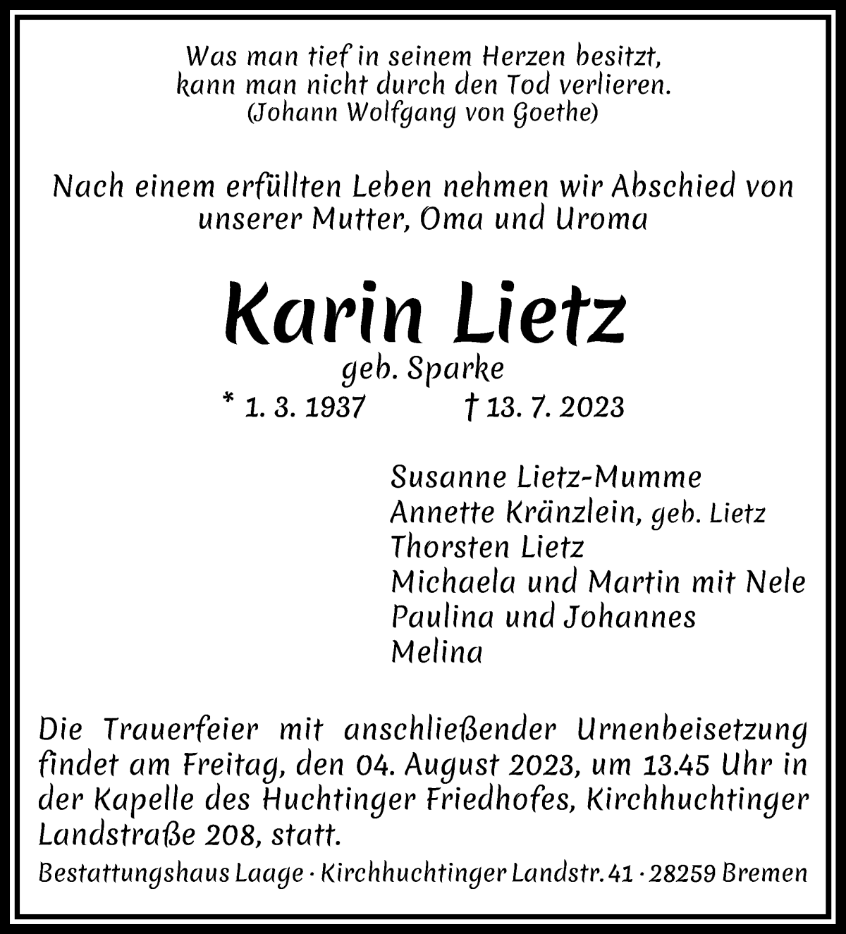 Traueranzeige von Karin Lietz von WESER-KURIER