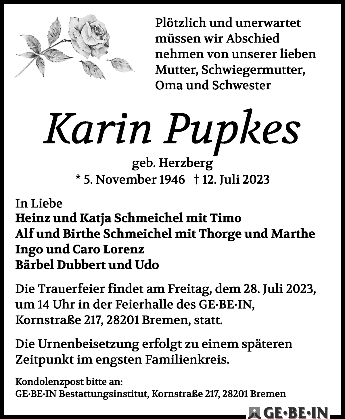 Traueranzeige von Karin Pupkes von WESER-KURIER