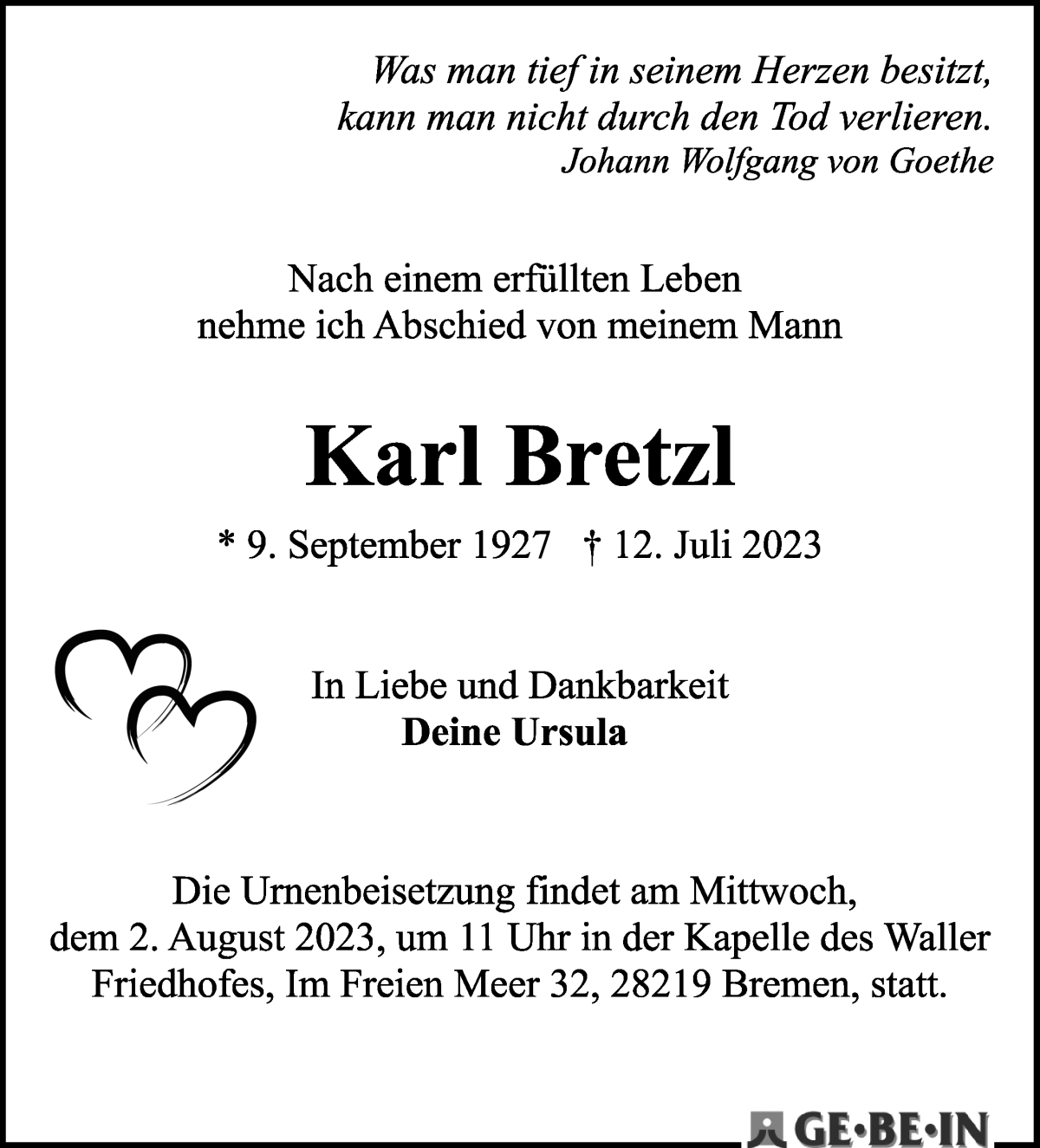 Traueranzeige von Karl Bretzl von WESER-KURIER