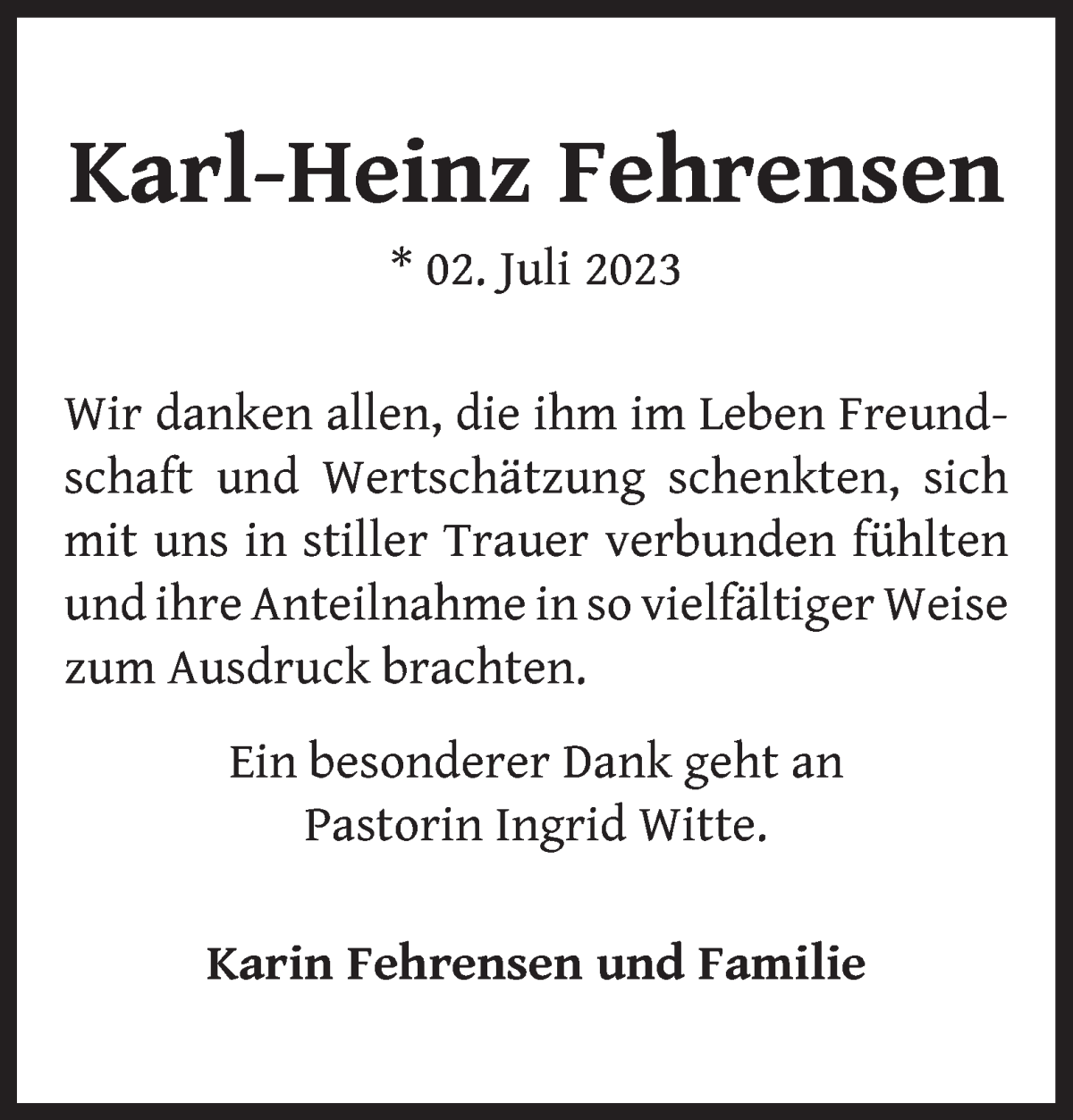 Traueranzeige von Karl - Heinz Fehrensen von WESER-KURIER