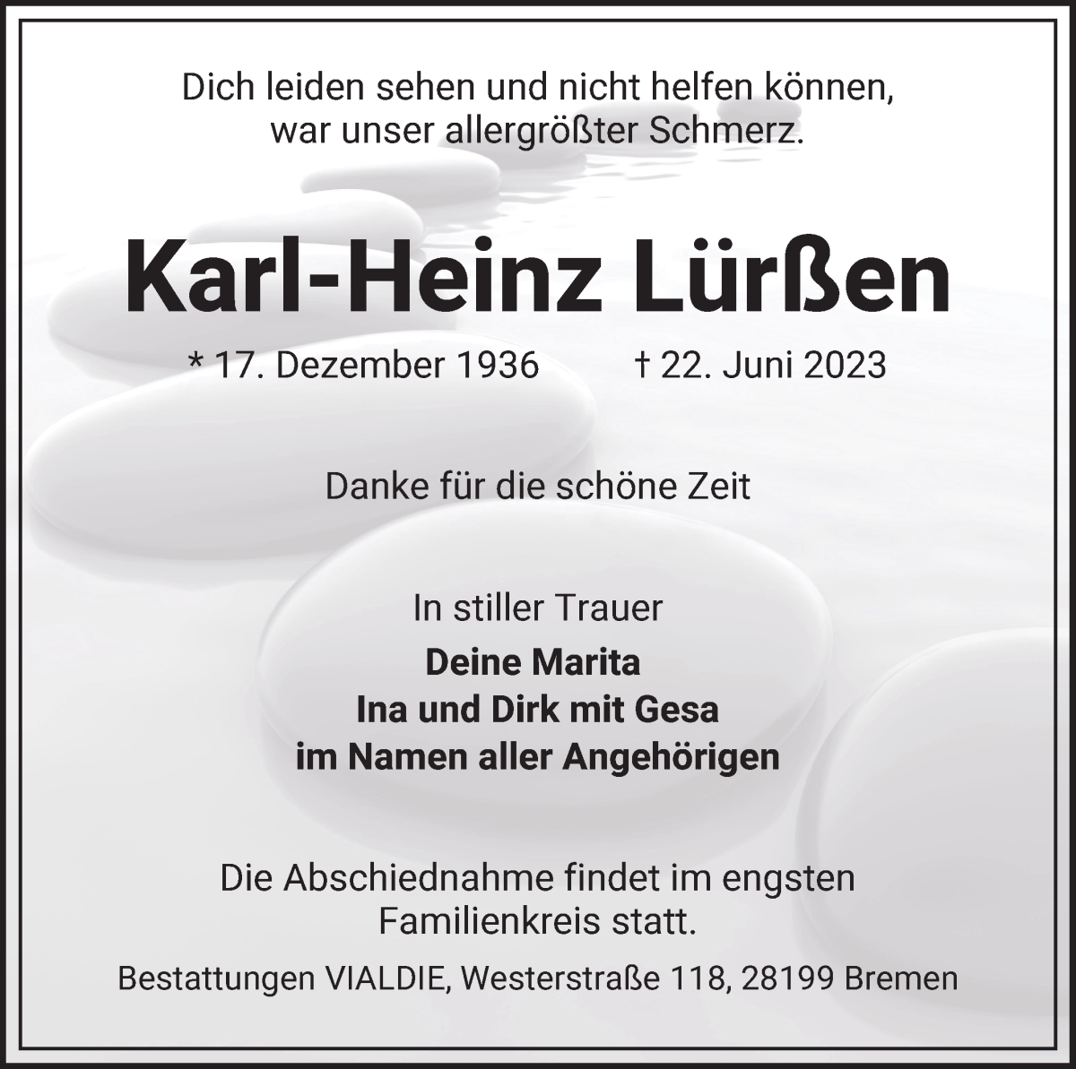 Traueranzeige von Karl-Heinz Lürßen von WESER-KURIER