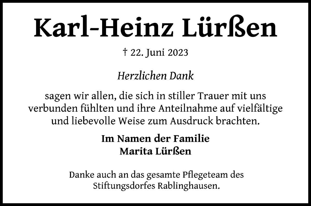 Traueranzeige von Karl-Heinz Lürßen von WESER-KURIER
