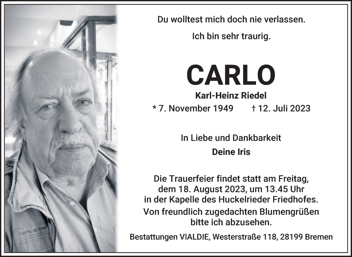 Traueranzeige von Karl-Heinz Riedel von Wuemme Zeitung