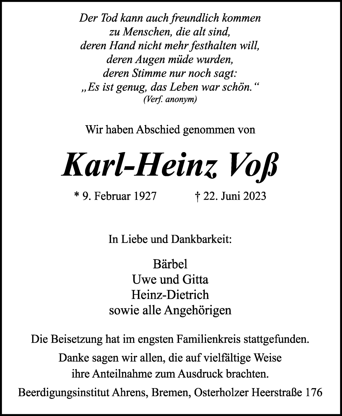 Traueranzeige von Karl-Heinz Voß von WESER-KURIER