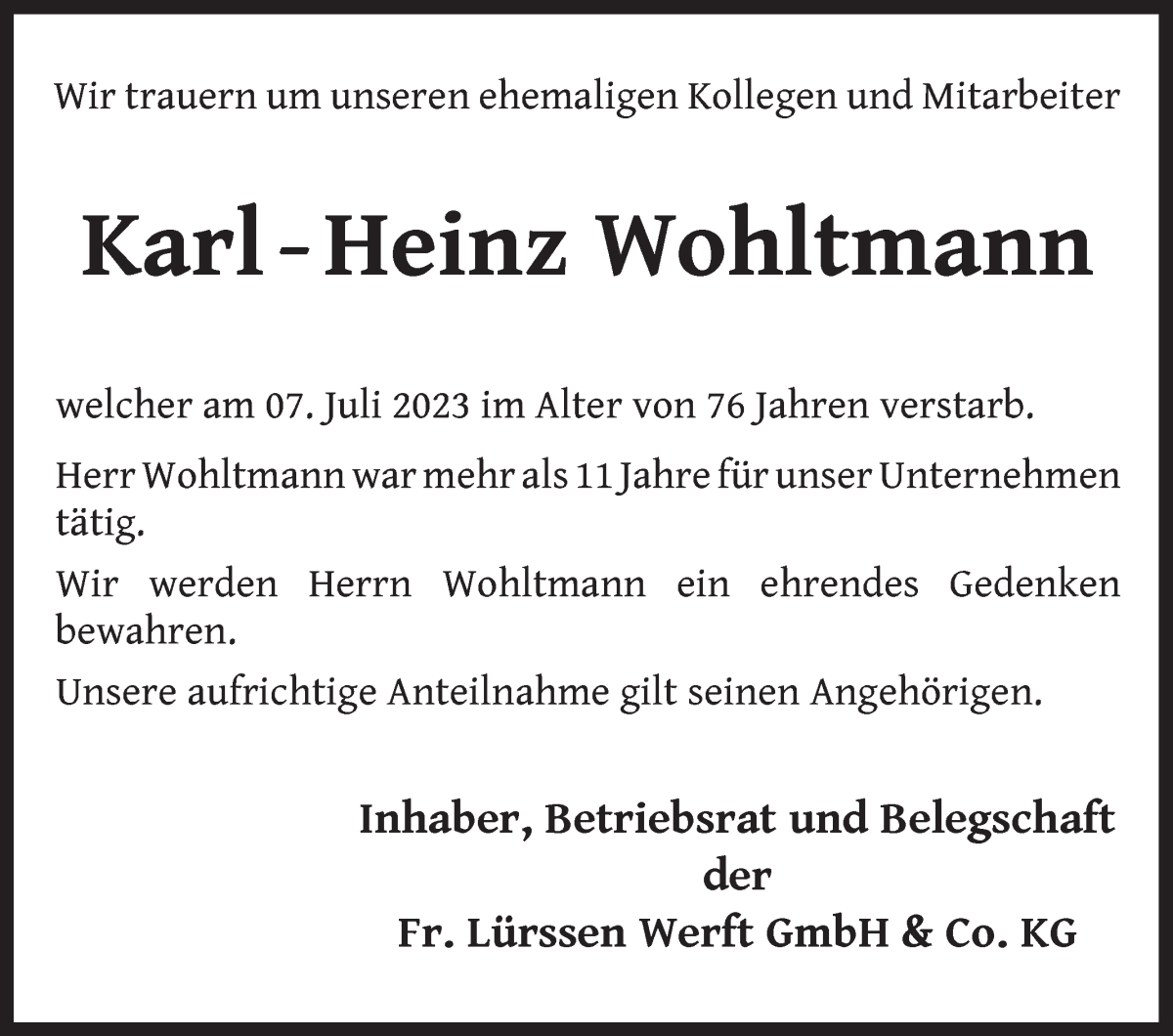 Traueranzeige von Karl-Heinz Wohltmann von Die Norddeutsche