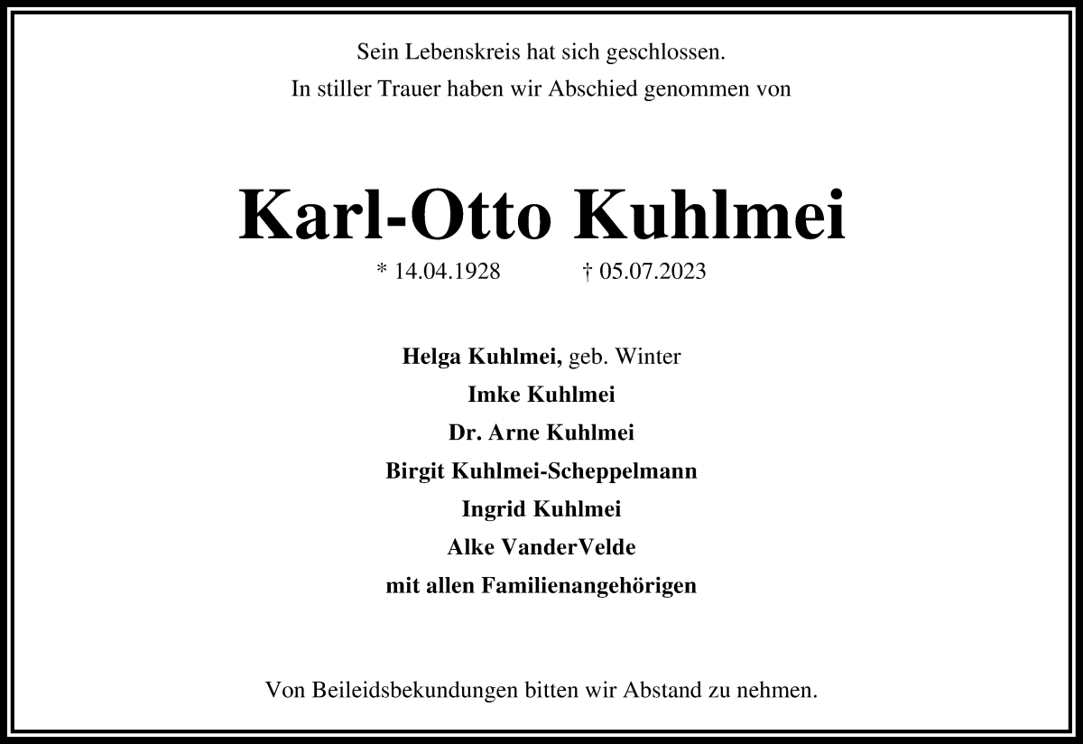 Traueranzeige von Karl-Otto Kuhlmei von Achimer Kurier/Verdener Nachrichten
