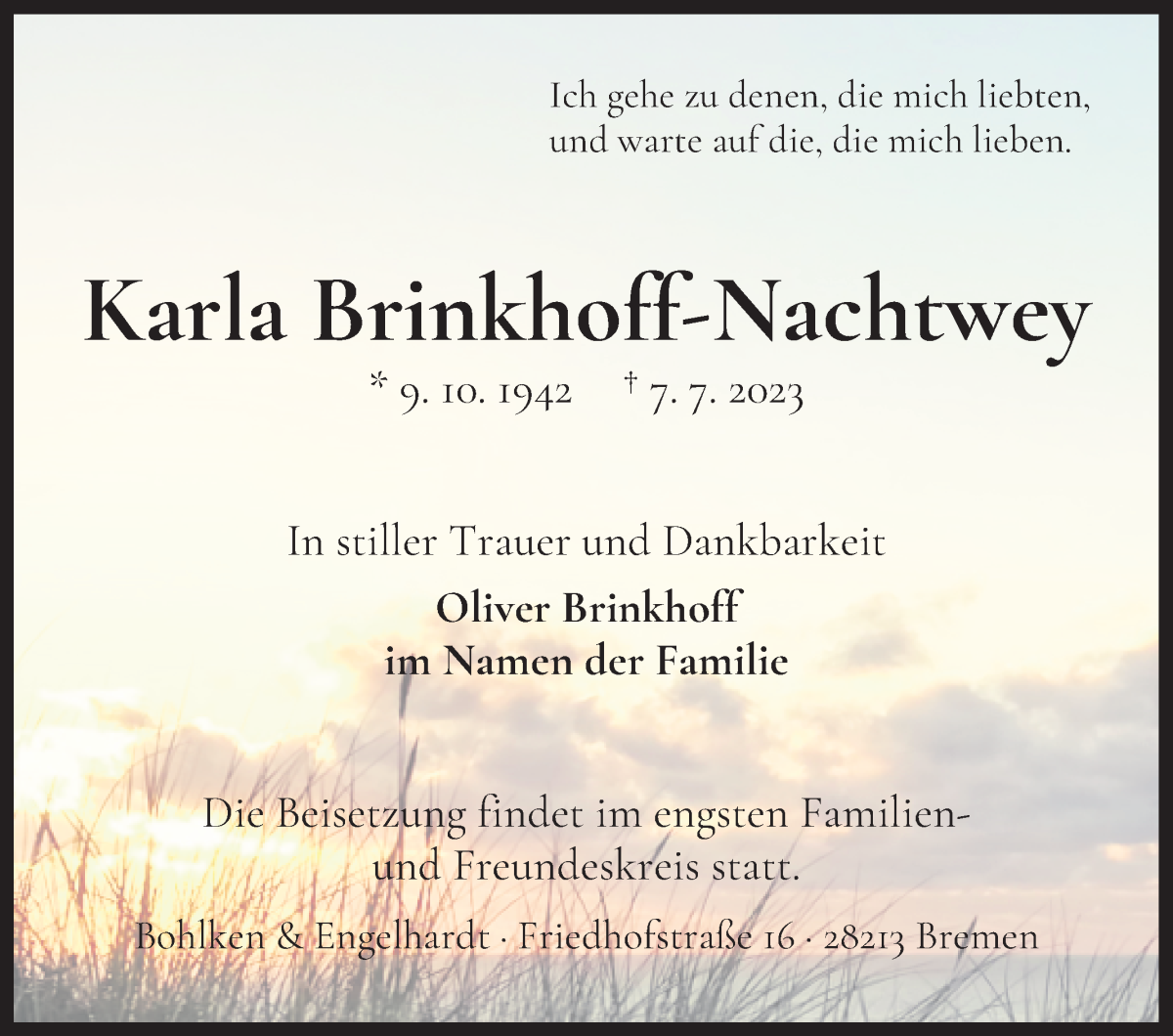 Traueranzeige von Karla Brinkhoff-Nachtwey von WESER-KURIER
