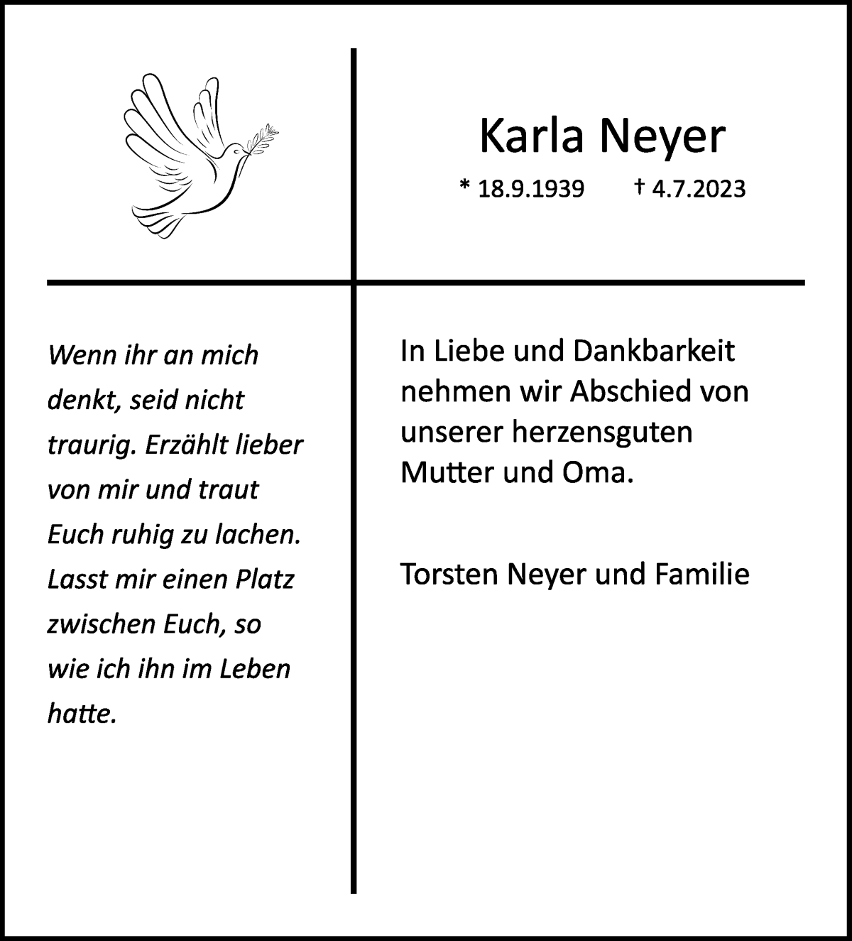 Traueranzeige von Karla Neyer von WESER-KURIER