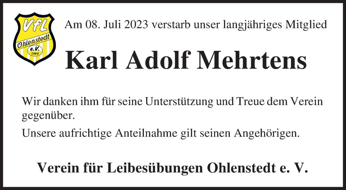 Traueranzeige von Karl Adolf Mehrtens von Osterholzer Kreisblatt