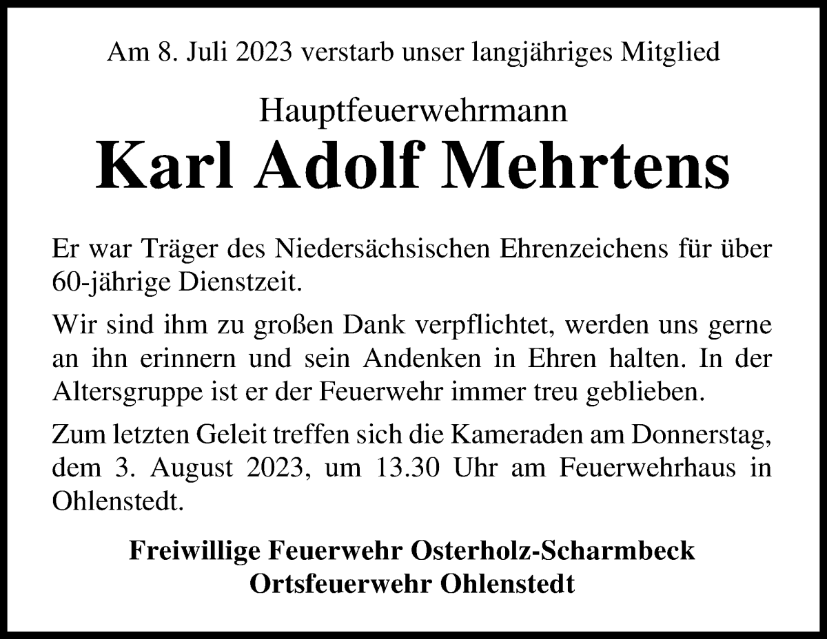 Traueranzeige von Karl Adolf Mehrtens von Osterholzer Kreisblatt