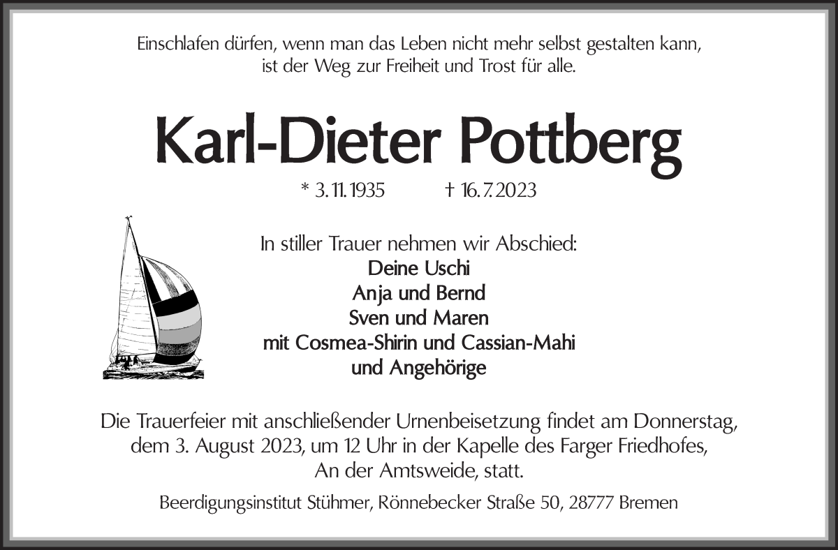 Traueranzeige von Karl Dieter Pottberg von Die Norddeutsche