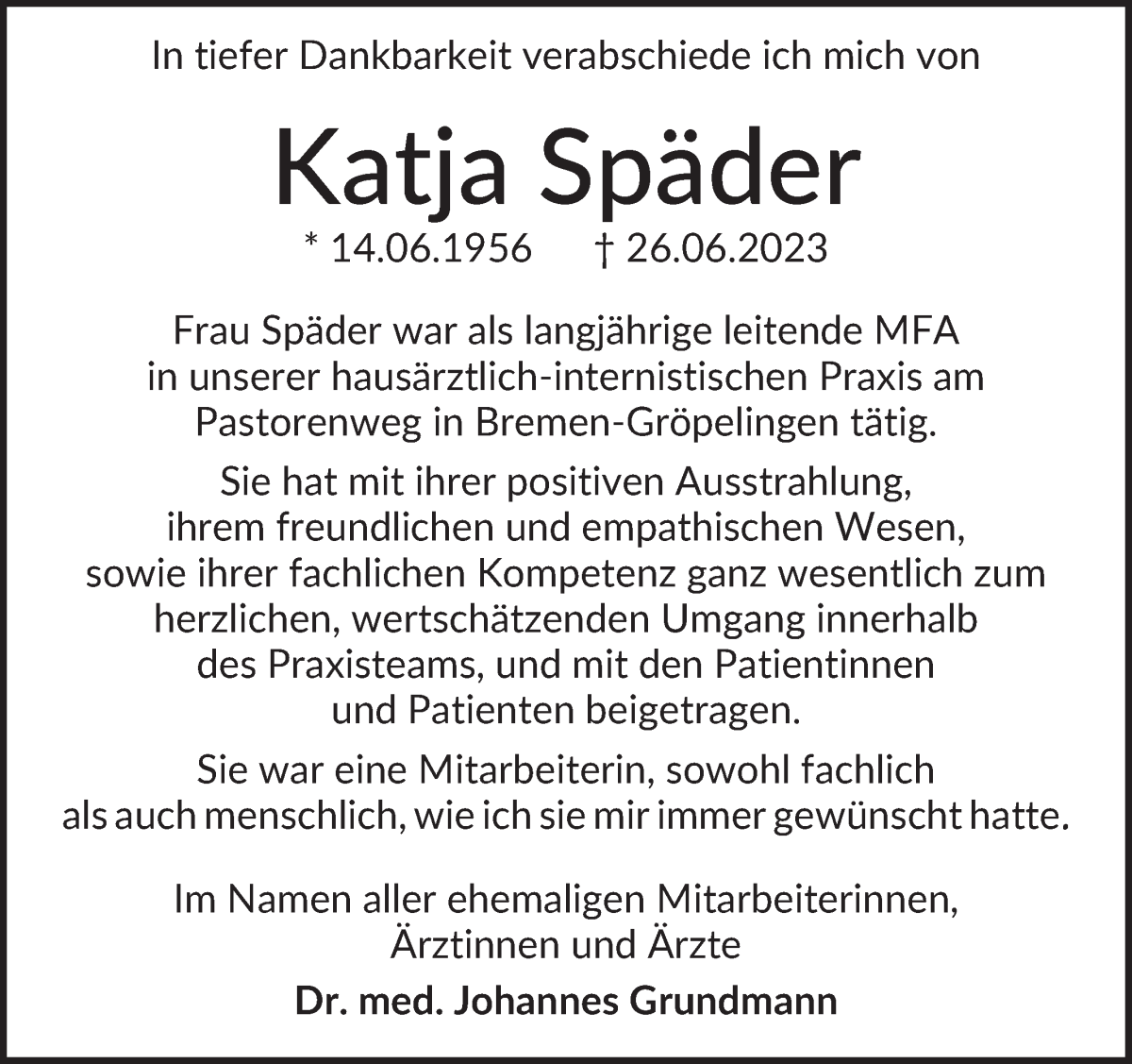 Traueranzeige von Katja Späder von WESER-KURIER