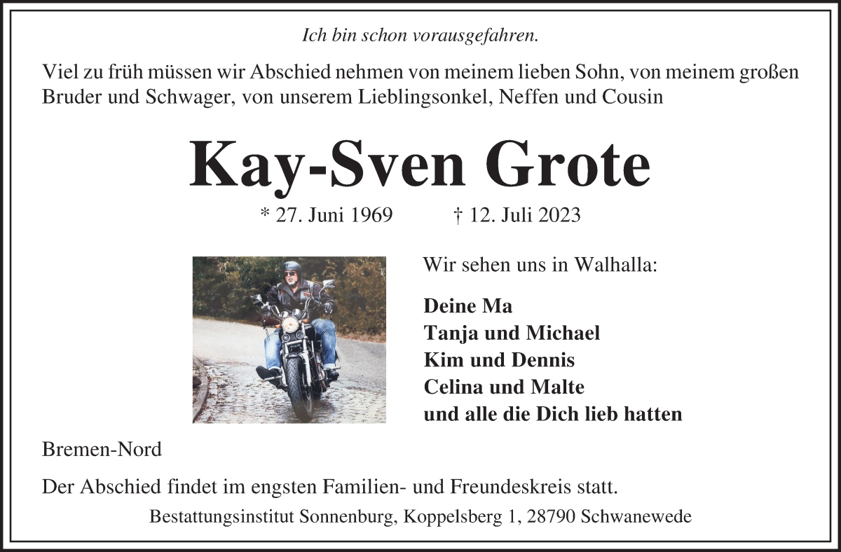 Traueranzeige von Kay-Sven Grote von Die Norddeutsche