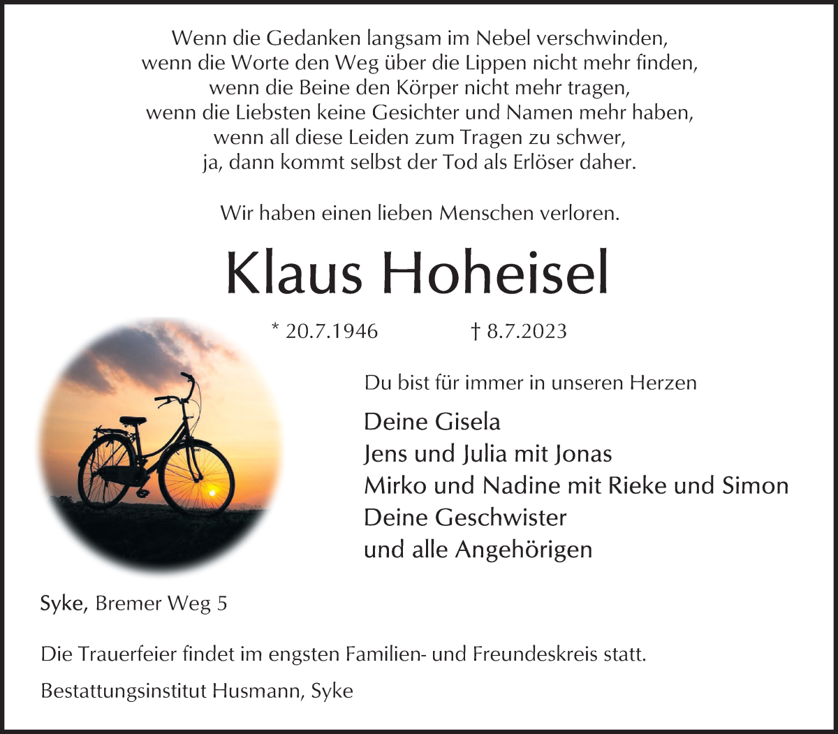 Traueranzeige von Klaus Hoheisel von Osterholzer Kreisblatt