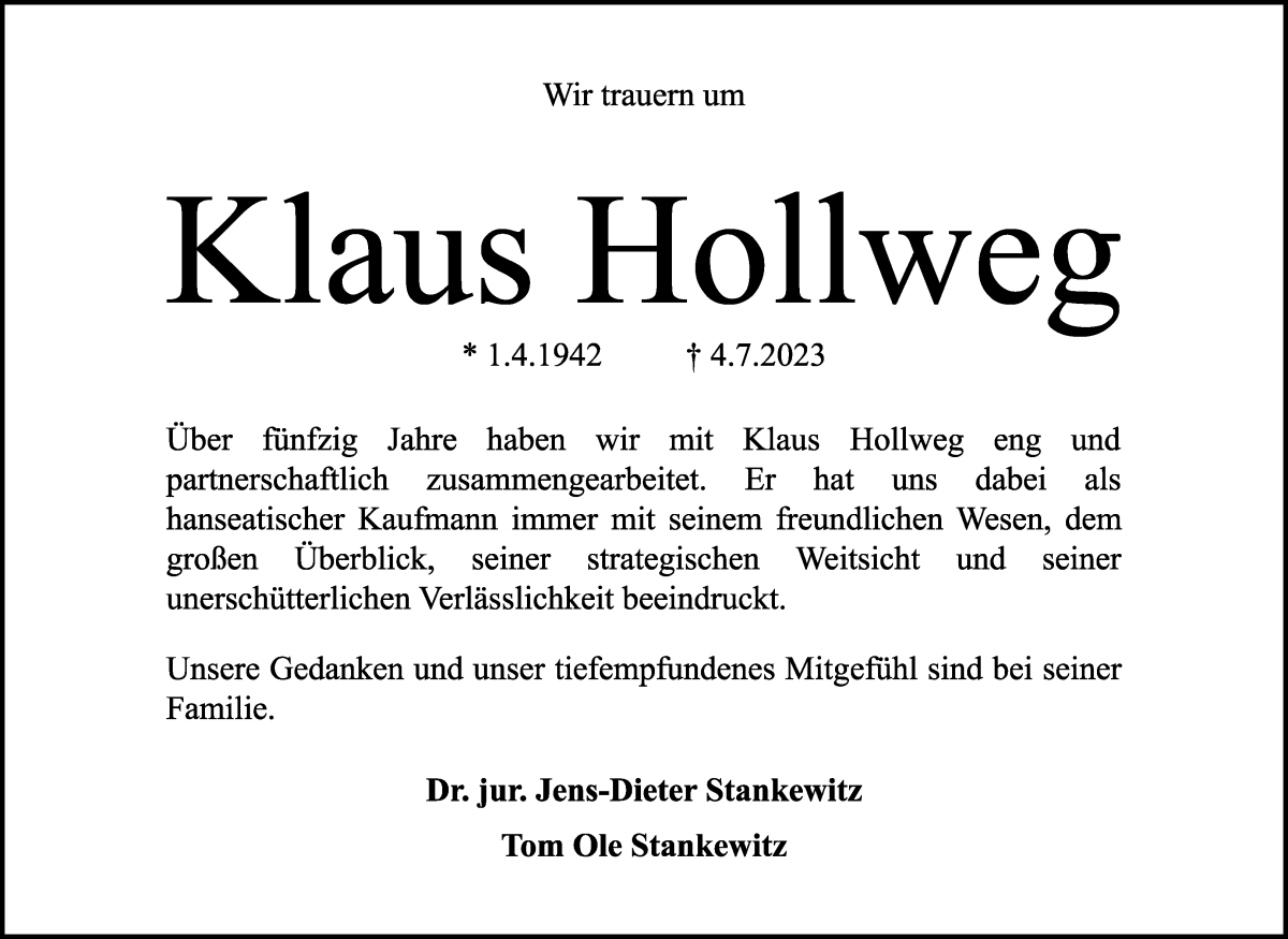 Traueranzeige von Klaus Hollweg von WESER-KURIER