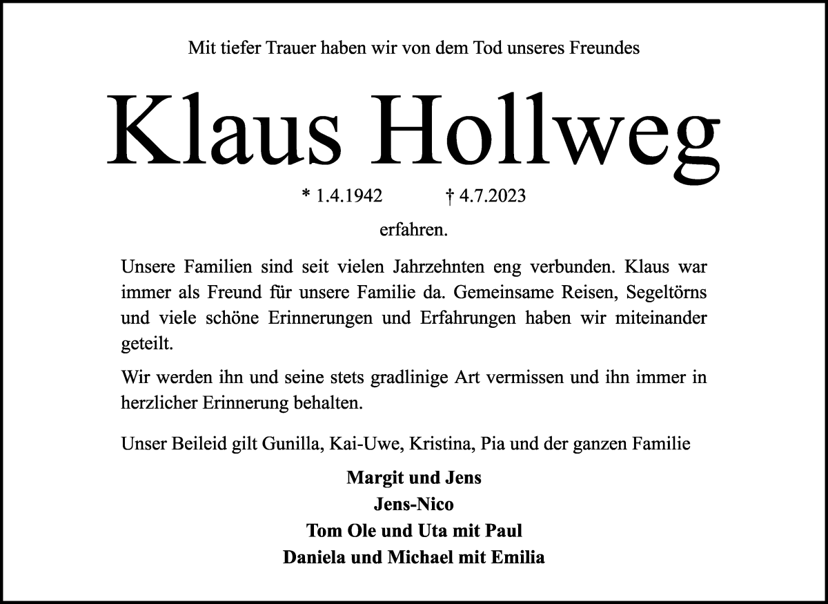 Traueranzeige von Klaus Hollweg von WESER-KURIER