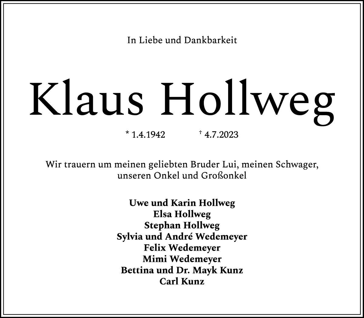 Traueranzeige von Klaus Hollweg von WESER-KURIER