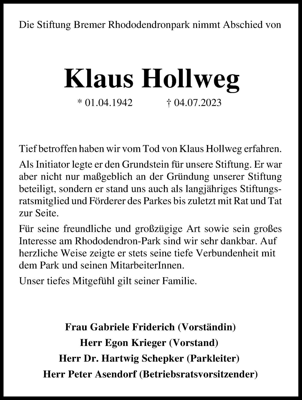 Traueranzeige von Klaus Hollweg von WESER-KURIER