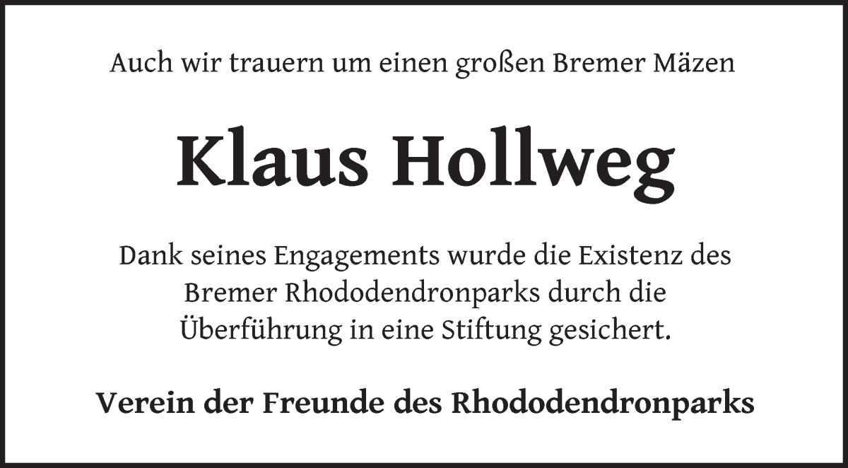 Traueranzeige von Klaus Hollweg von WESER-KURIER