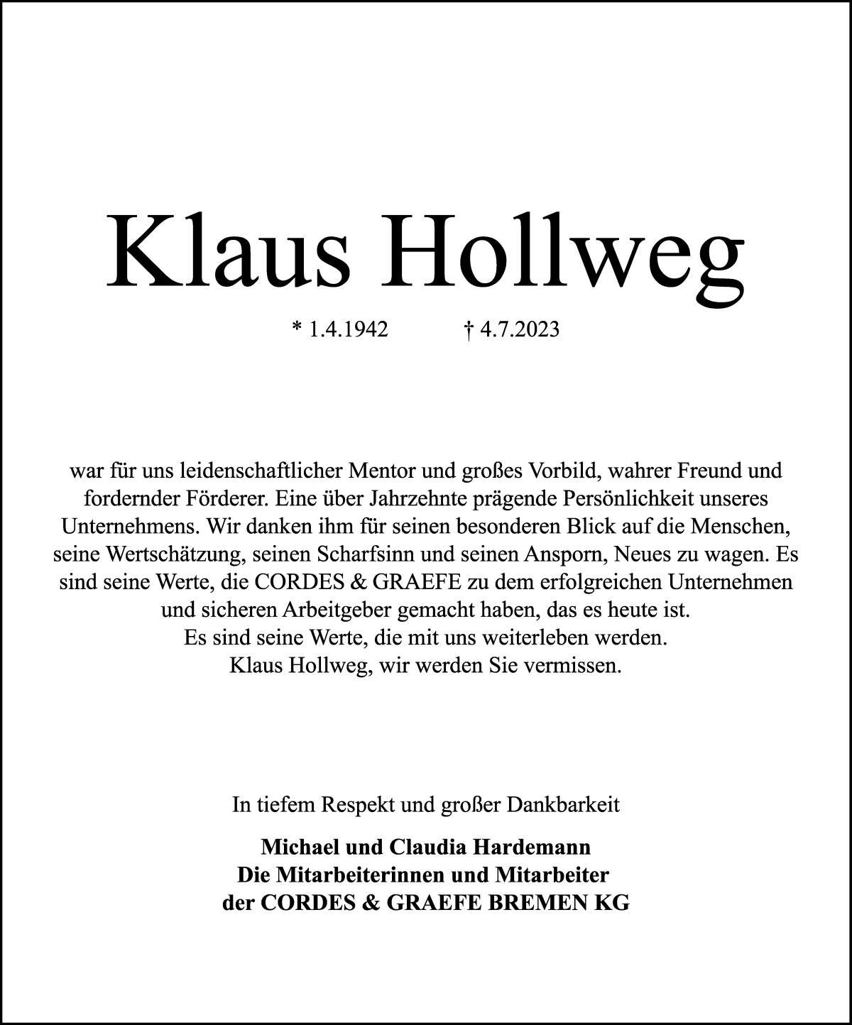 Traueranzeige von Klaus Hollweg von WESER-KURIER